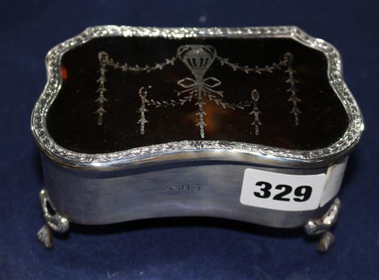 A George V silver and tortoiseshell piqué trinket box and sundries